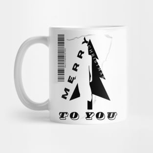 Merry Christmas black Christmas tree and silhouette of a woman with a barcode in a minimalist black and white composition Mug